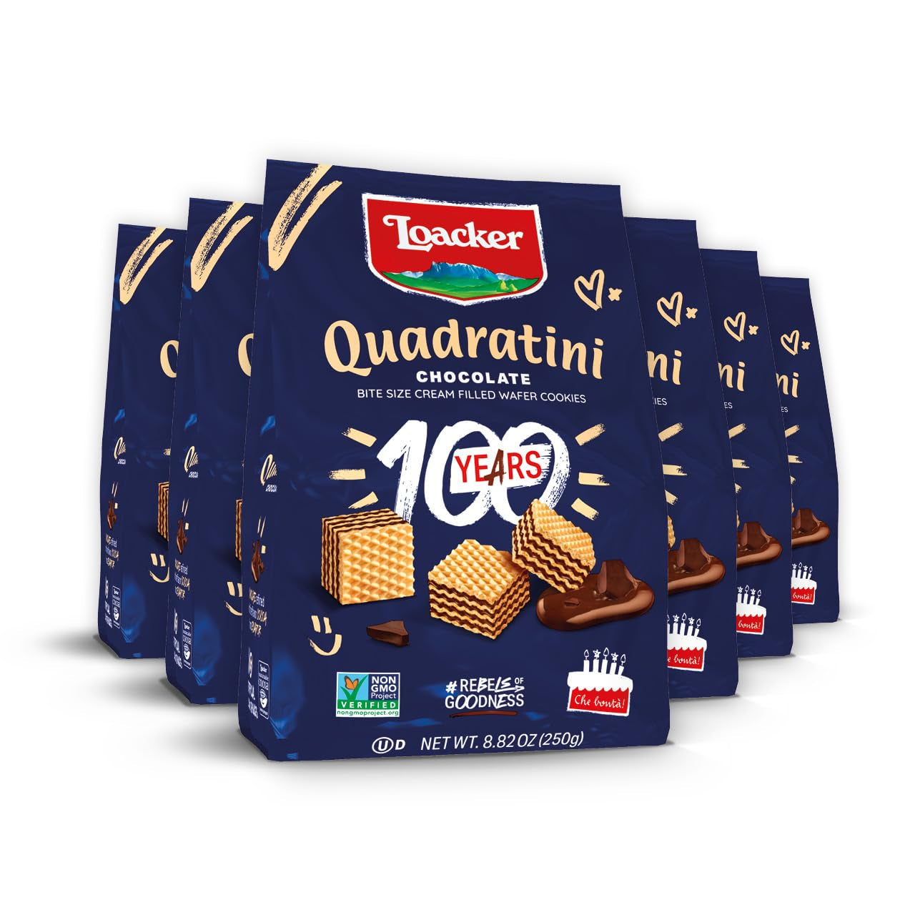 Loacker Quadratini Dark Chocolate Wafer Cookies LARGE - 30% Less Sugar - Premium Crispy Bite Size Wafers - NON-GMO - LARGE Pack of 6