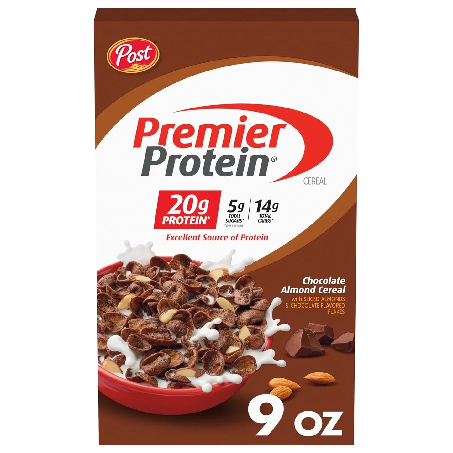 Post Premier Protein Chocolate Almond Cereal - Chocolatey Protein Flakes with Sliced Almonds, 20G of Protein per Serving, 9 OZ Box - Big Mart USA