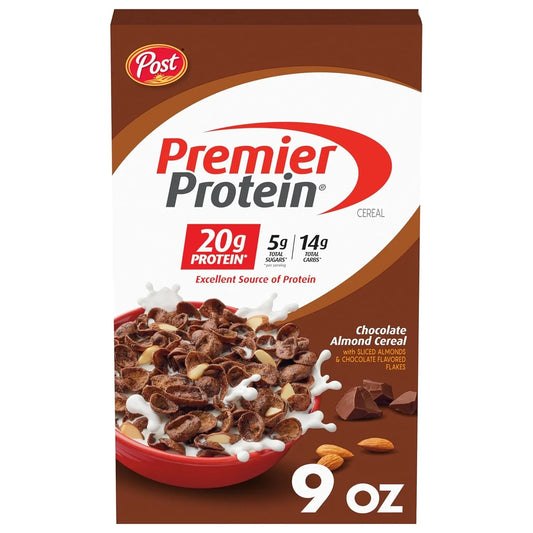 Post Premier Protein Chocolate Almond Cereal - Chocolatey Protein Flakes with Sliced Almonds, 20G of Protein per Serving, 9 OZ Box - Big Mart USA