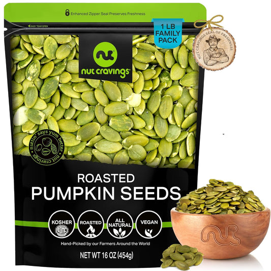 NUT CRAVINGS - Roasted & Unsalted Pumpkin Seeds, Pepitas, No Shell (16Oz - 1 LB) Packed Fresh in Resealable Bag - Nut Snack - Healthy Protein Food, All Natural, Keto Friendly, Vegan, Kosher - Big Mart USA