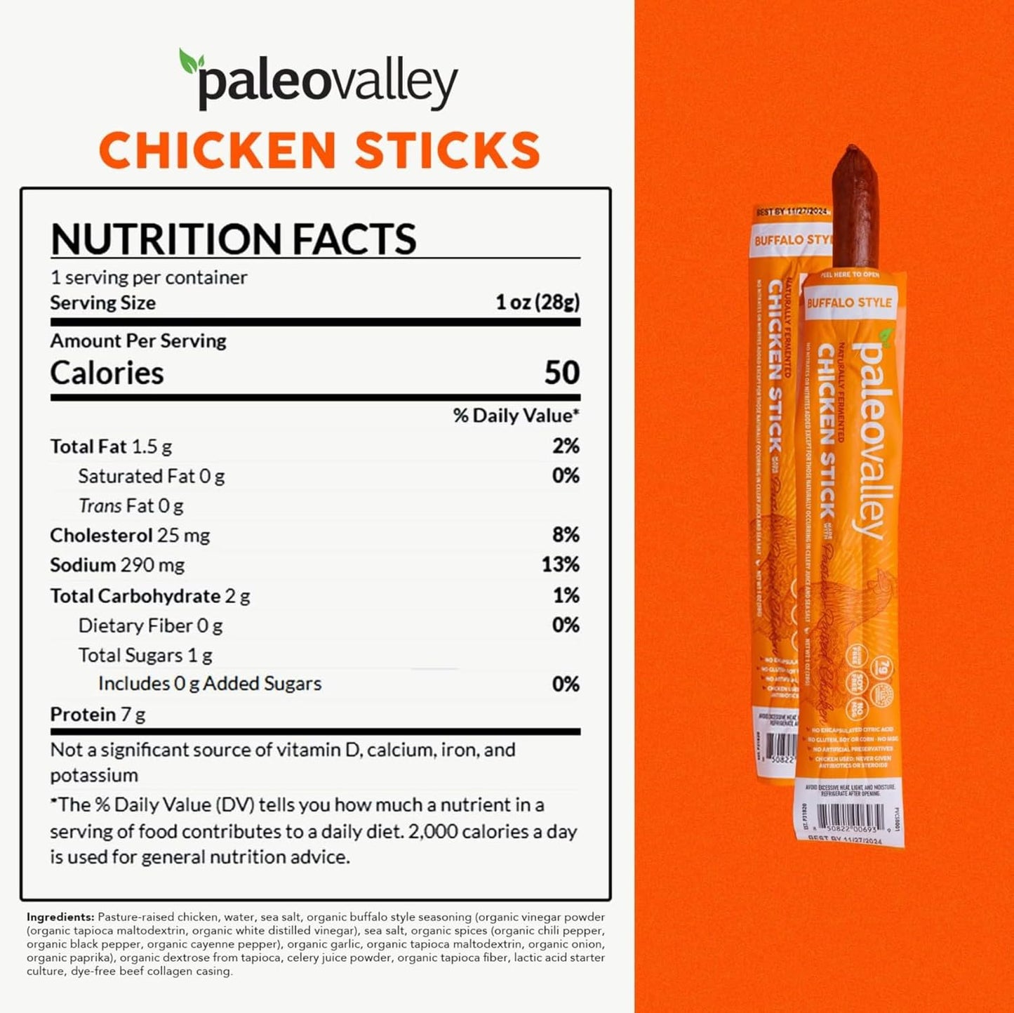 Paleovalley Pasture-Raised Chicken Sticks – 10 Pack – 7G Protein per Stick – Keto-Friendly, Paleo, Gluten-Free, Nitrate-Free – On-The-Go Snack (10 Pack, Buffalo) - Big Mart USA