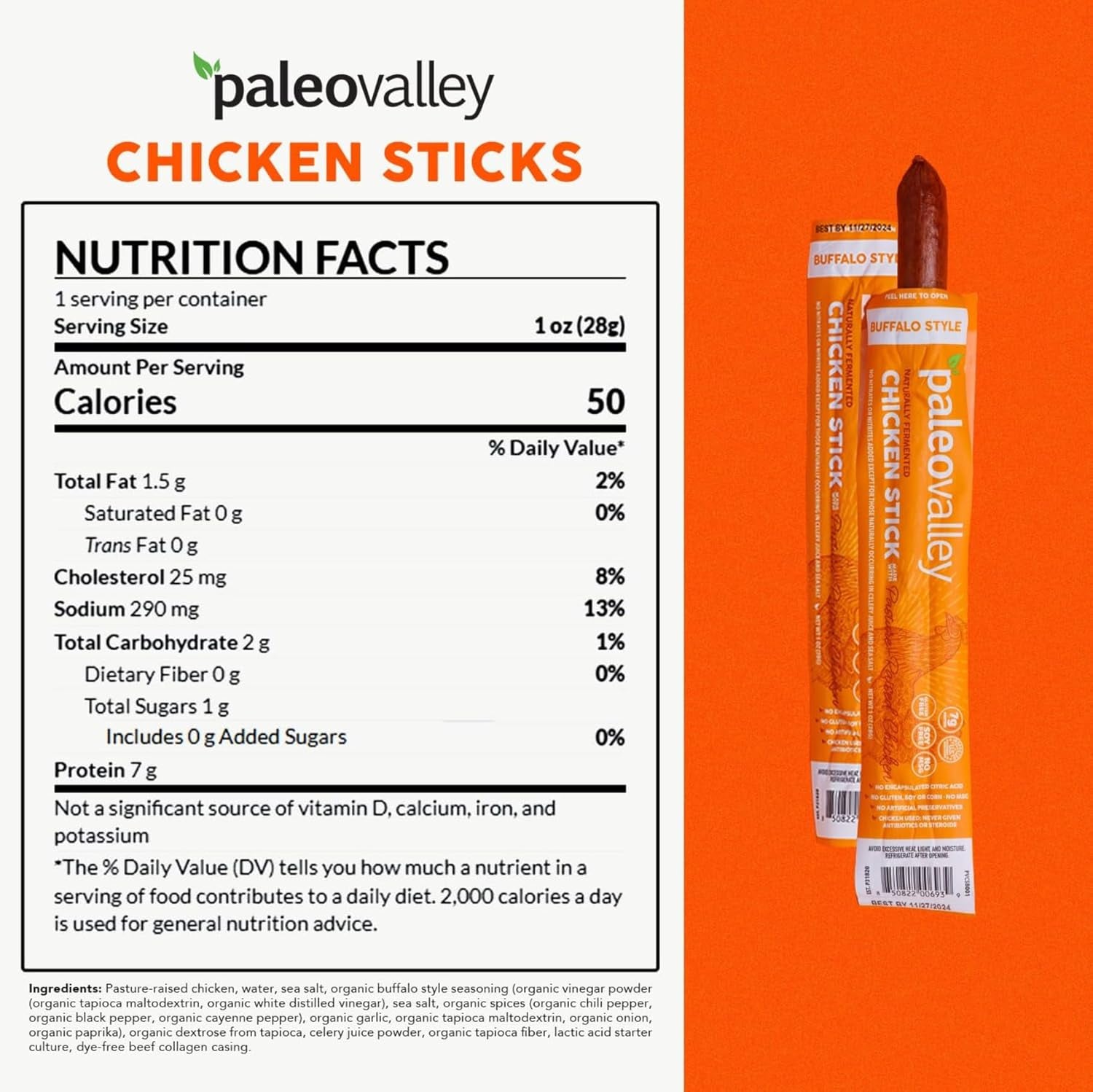 Paleovalley Pasture-Raised Chicken Sticks – 10 Pack – 7G Protein per Stick – Keto-Friendly, Paleo, Gluten-Free, Nitrate-Free – On-The-Go Snack (10 Pack, Buffalo) - Big Mart USA