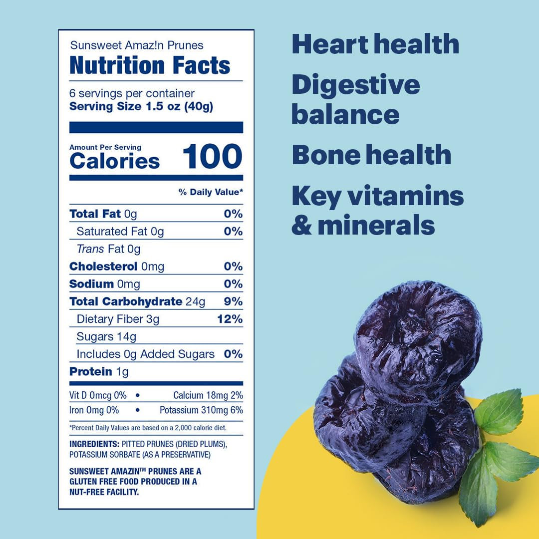 Sunsweet Amazin' Pitted Prunes - Dried Prunes Pitted Unsweetened - Gluten Free, Vegan, Low Fat - Fiber & Minerals - 8 Oz Pouches X 3 Pack - Big Mart USA