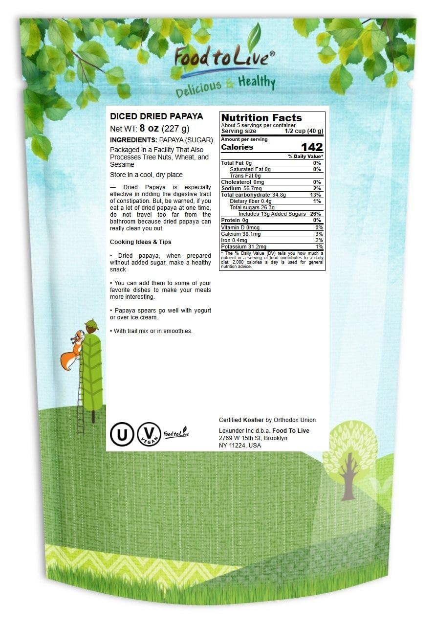 Food to Live Dried Diced Papaya, 8 Ounces Kosher, Vegan, Sweetened, Unsulfured, Bulk - Big Mart USA