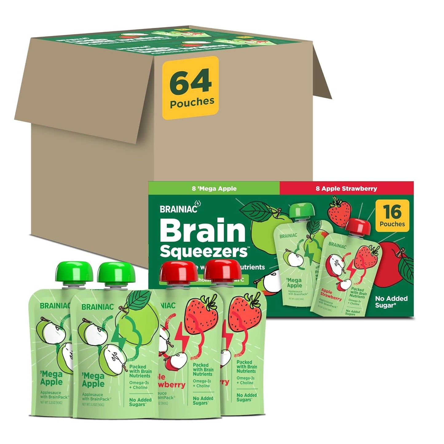 Brainiac Applesauce Variety Pack Pouches, Apple, Apple-Cinnamon & Apple-Strawberry Flavors, Unsweetened Applesauce with Vitamin C, Omega-3S & Choline, 40 Count, 3.2 Oz.