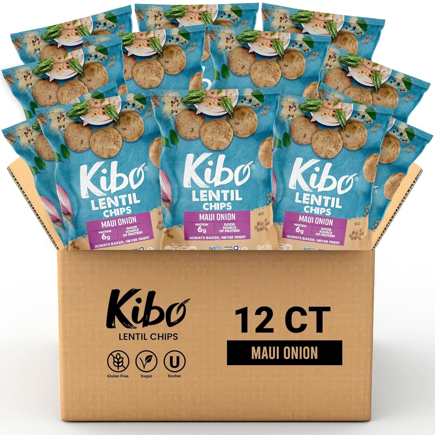 Kibo Lentil Chips Variety Pack - Gluten-Free, Vegan, Non-Gmo, Plant-Based - Maui Onion, Sea Salt, Spicy Ranch, Made with Real Veggies - 28G, 12 Pack - Big Mart USA