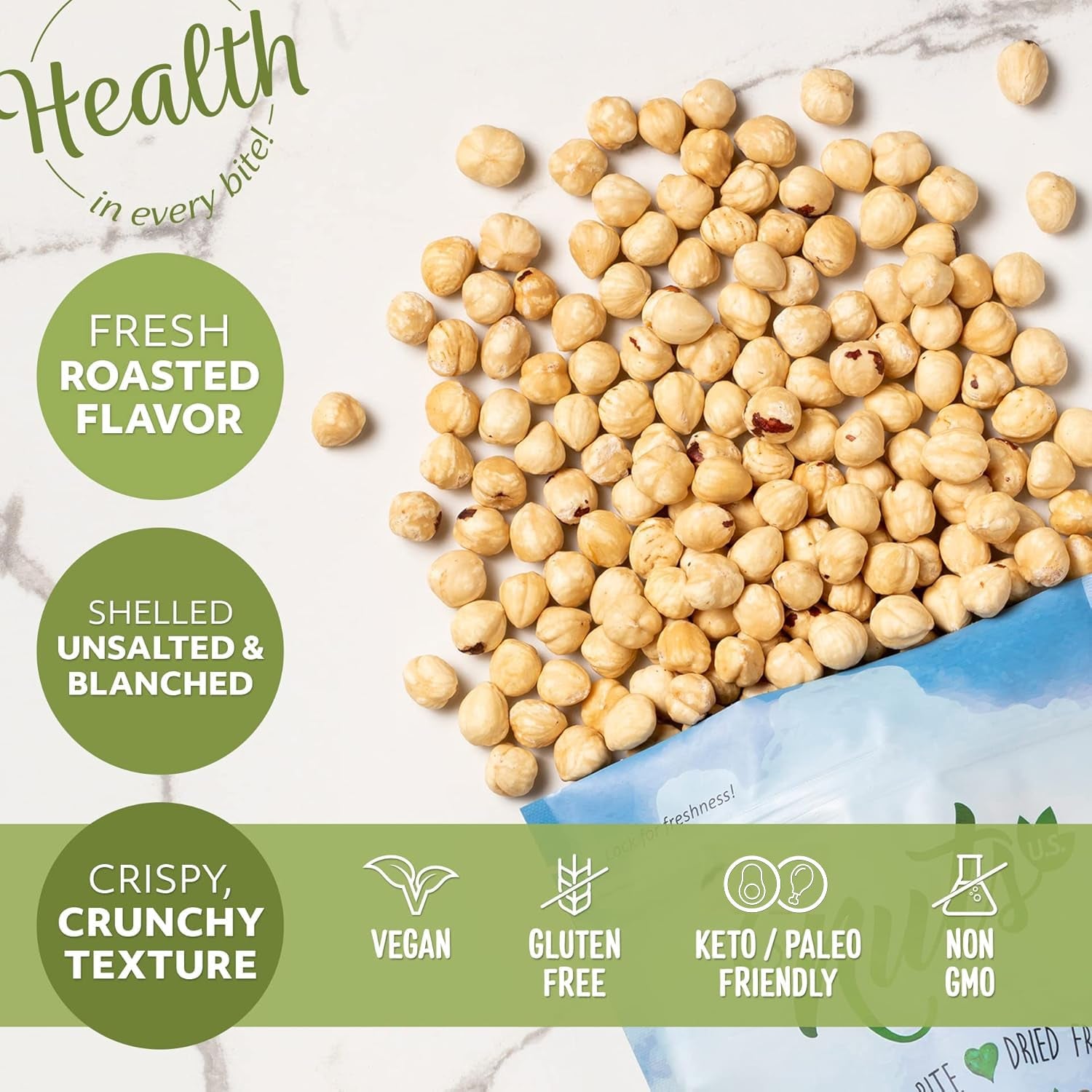 NUTS U.S. – Hazelnuts |Dry Roasted and Unsalted | Blanched and Whole Filberts | Non-Gmo and Gluten Free | No Additives Just Hazelnuts | Vegan and Keto Friendly | Bulk Hazelnuts in Resealable Bag (2 LBS) - Big Mart USA