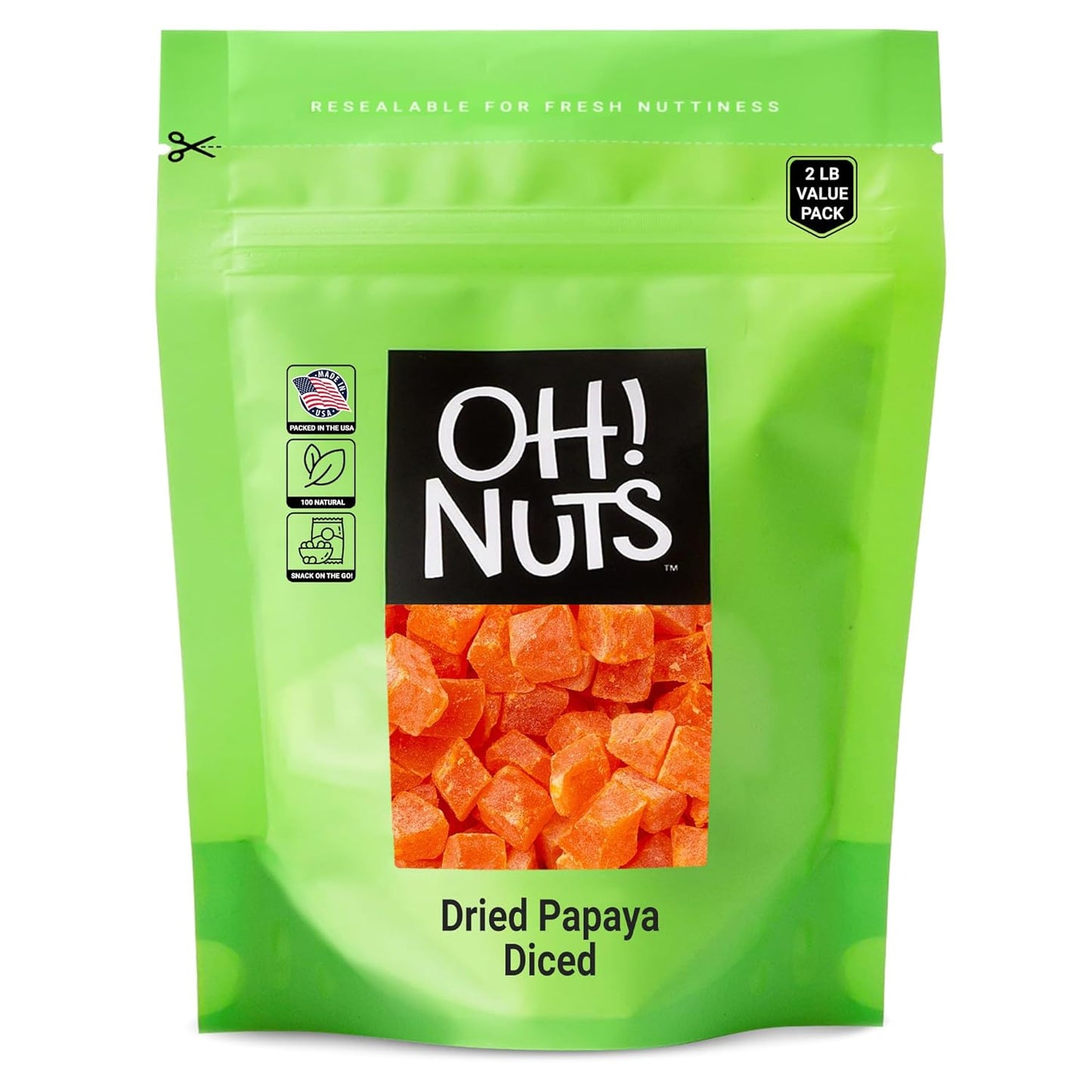 Oh! Nuts Dried Papaya Chunks - 2 Lb - Dried Fruit Chunks - Less Sugar Added - Dehydrated Fruit Bites - Packed in New York Zip-Seal Bag for Exceptional Freshness - Big Mart USA