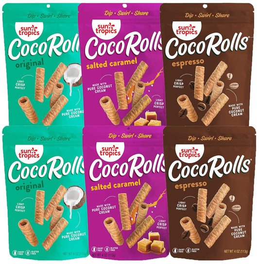 Sun Tropics Cocorolls Variety Pack- 6 Count (4 Oz Each) | Crisp Rolled Wafer Cookies, Coconut Rolls Made with Pure Coconut Cream | Gluten Free & Dairy Free Coconut Wafer Snack - Big Mart USA