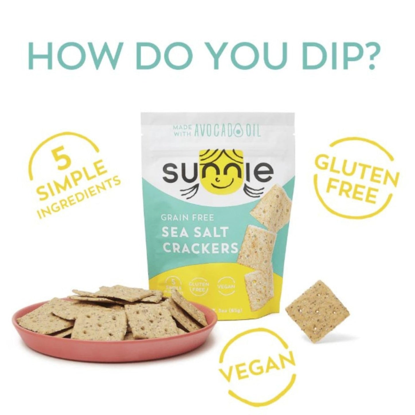 Sunnie Gluten Free Crackers - Healthy Grain Free Sea Salt Crackers, Snacks for Kids & Adults, Made with Avocado Oil, Only 5 Ingredients, Vegan Snack, Low Calorie (3 Oz - Pack of 3)
