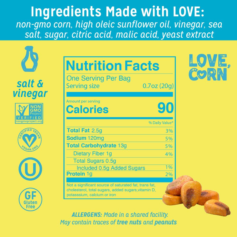 LOVE CORN Salt & Vinegar 0.7Oz X 20 Bags - Delicious Crunchy Corn - Healthy Family Snacks - Gluten Free, Kosher, NON-GMO - Alternative for Chips, Nuts, Crackers & Pretzels - Perfect for Charcuterie Boards - Big Mart USA