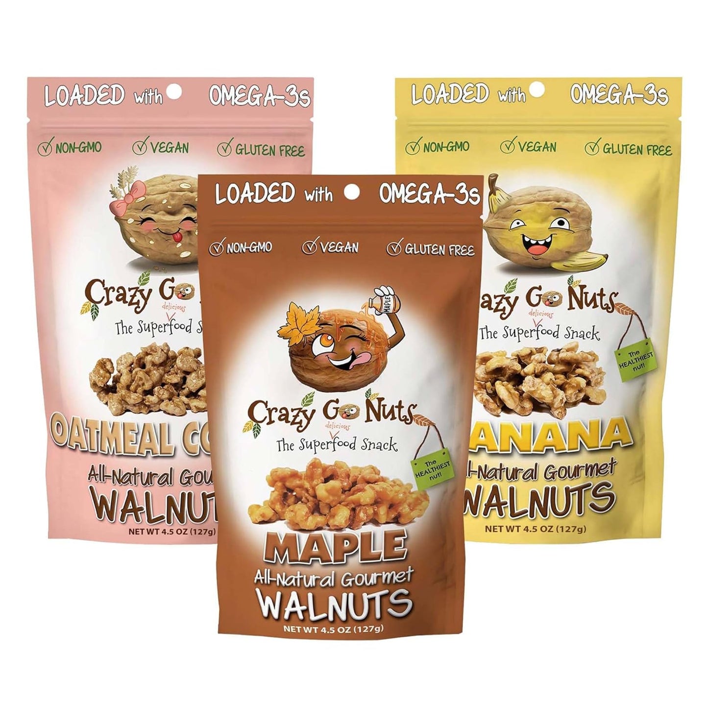 Crazy Go Nuts Walnuts - Maple, 4.5 Oz (3-Pack) - Healthy Snacks, Vegan, Low Carb, Gluten Free, Superfood - Natural, Non-Gmo, ALA, Omega 3 Fatty Acids, Good Fats, and Antioxidants - Big Mart USA