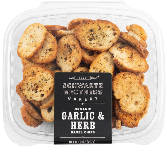 Garlic & Herb Bagel Chips NY Style Bagel Crisps. Organic, Vegan, Kosher. from the Artisans of Schwartz Brothers Bakery. Baked Fresh. Twice Baked. 8 Ounce Container. Great Snack. Delicious. Pack of 2. - Big Mart USA