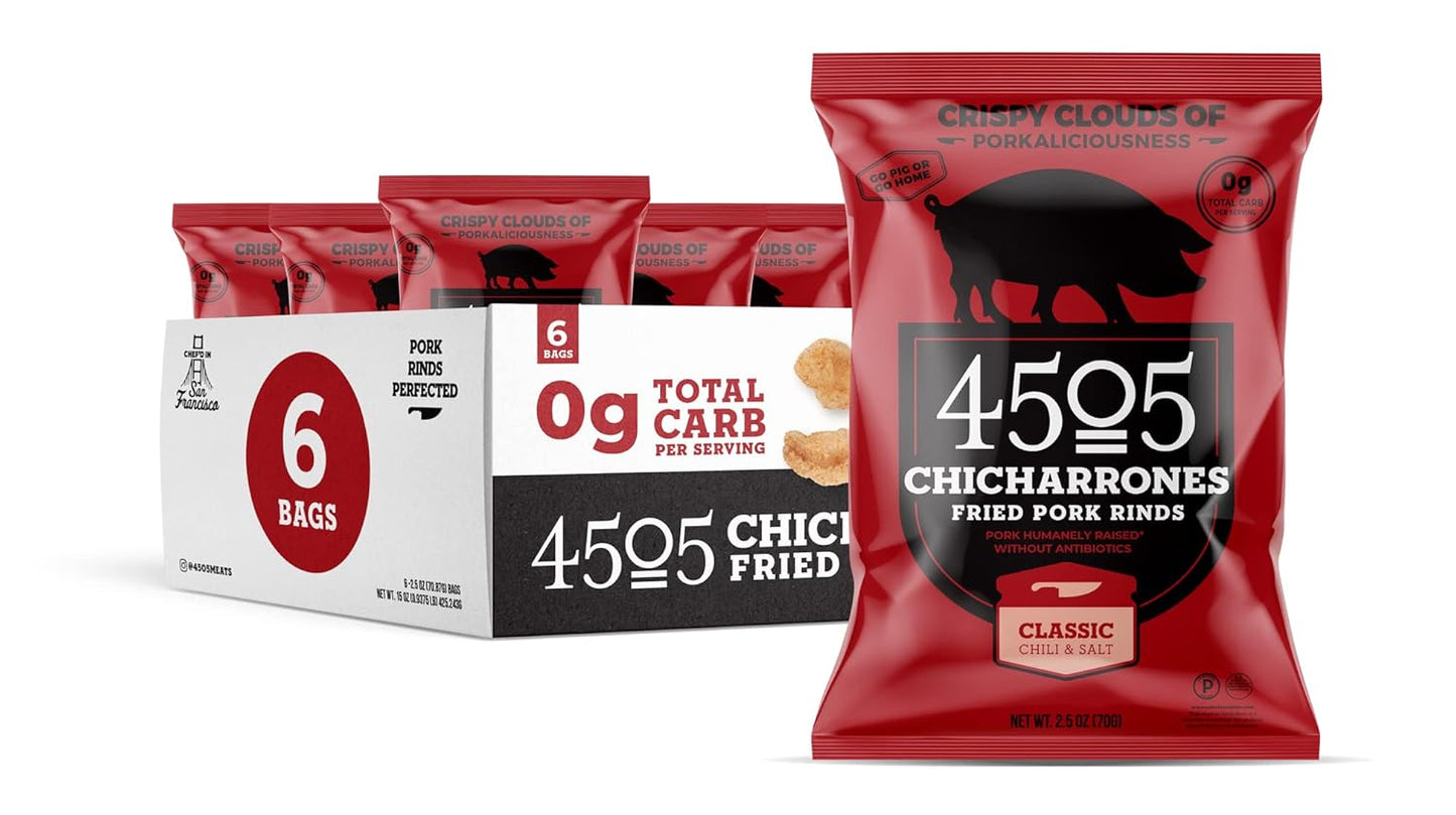 4505 Sea Salt Seasoned Chicharrones, Fried Pork Rinds - Sea Salt Flavored Pork Skins - Low Carb, Gluten-Free, Protein Snack - 1.1Oz (Pack of 12) - Big Mart USA