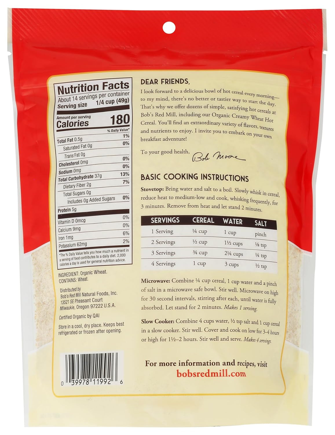 Bob's Red Mill Organic Creamy White Wheat Farina Hot Cereal, 24 Ounces - Big Mart USA