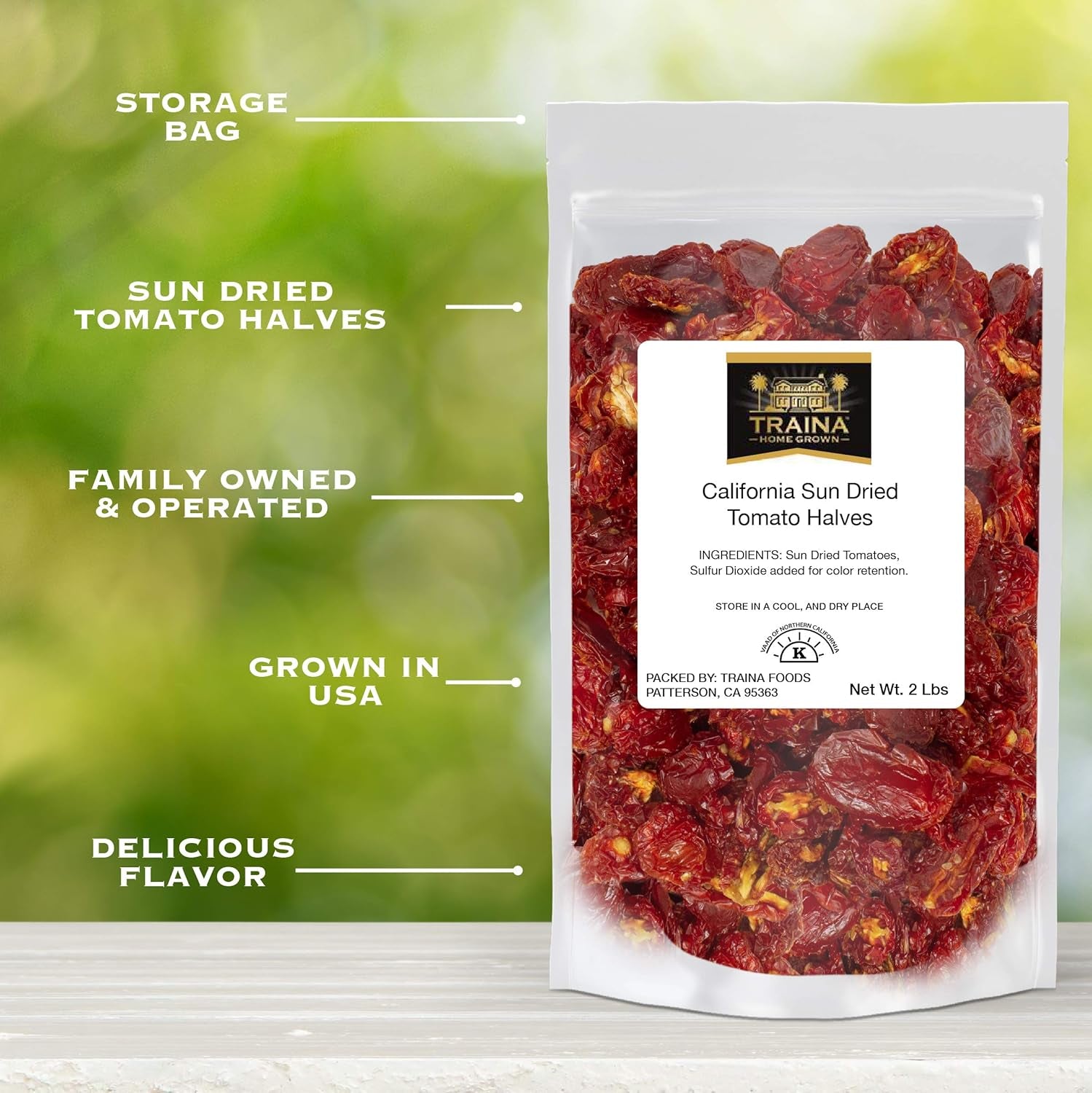 Traina Home Grown California Sun Dried Tomato Halves - Healthy, Non GMO, Gluten Free, Kosher Certified, Packed in Resealable Bag (2 Lbs) - Big Mart USA