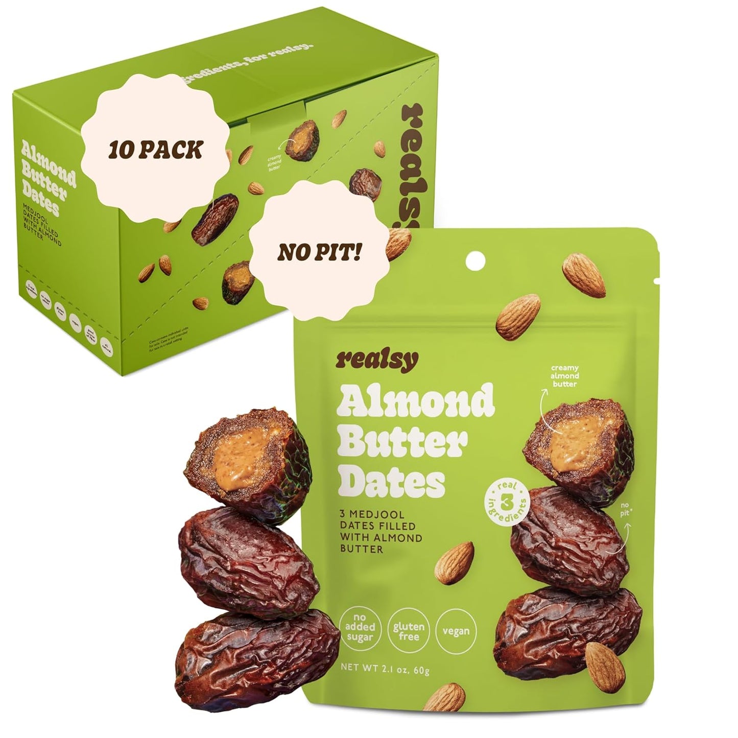 Realsy Peanut Butter Filled Medjool Dates, Organic Dates with No Sugar Added, Gluten-Free, Vegan, Good Source of Fiber, Low Glycemic Index, All Natural Healthy Snack, (10 Pack)