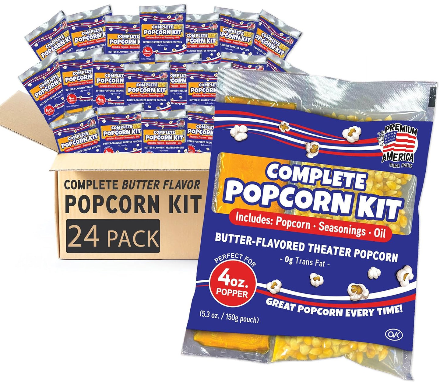 Premium America Popcorn Kit, 24 Packs for a 8 Oz Popper, Movie Theater Popcorn Kernels, Oil & Seasoning Pack, Bulk All in One, Popcorn Gifts