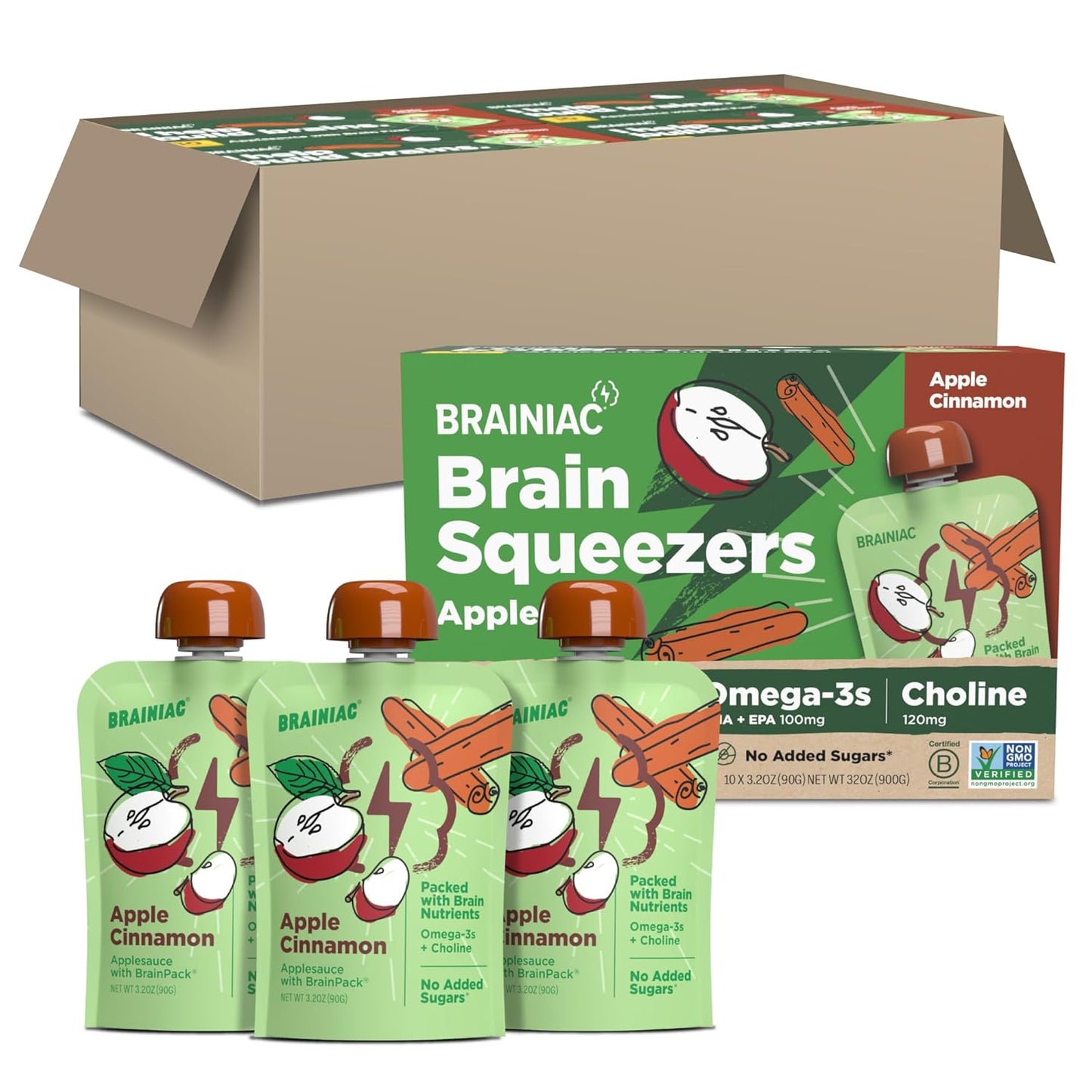 Brainiac Applesauce Variety Pack Pouches, Apple, Apple-Cinnamon & Apple-Strawberry Flavors, Unsweetened Applesauce with Vitamin C, Omega-3S & Choline, 40 Count, 3.2 Oz.