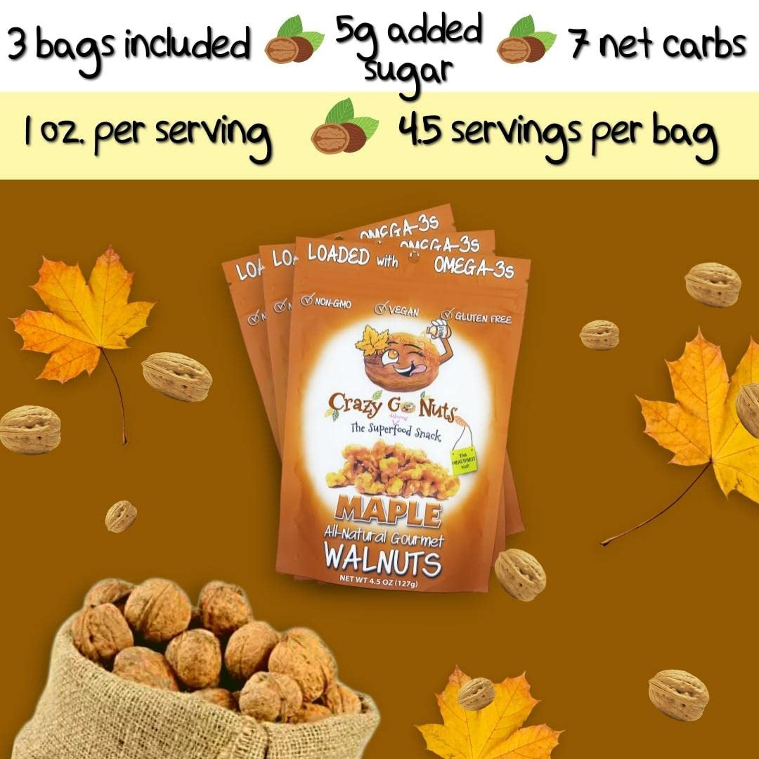 Crazy Go Nuts Walnuts - Maple, 4.5 Oz (3-Pack) - Healthy Snacks, Vegan, Low Carb, Gluten Free, Superfood - Natural, Non-Gmo, ALA, Omega 3 Fatty Acids, Good Fats, and Antioxidants - Big Mart USA