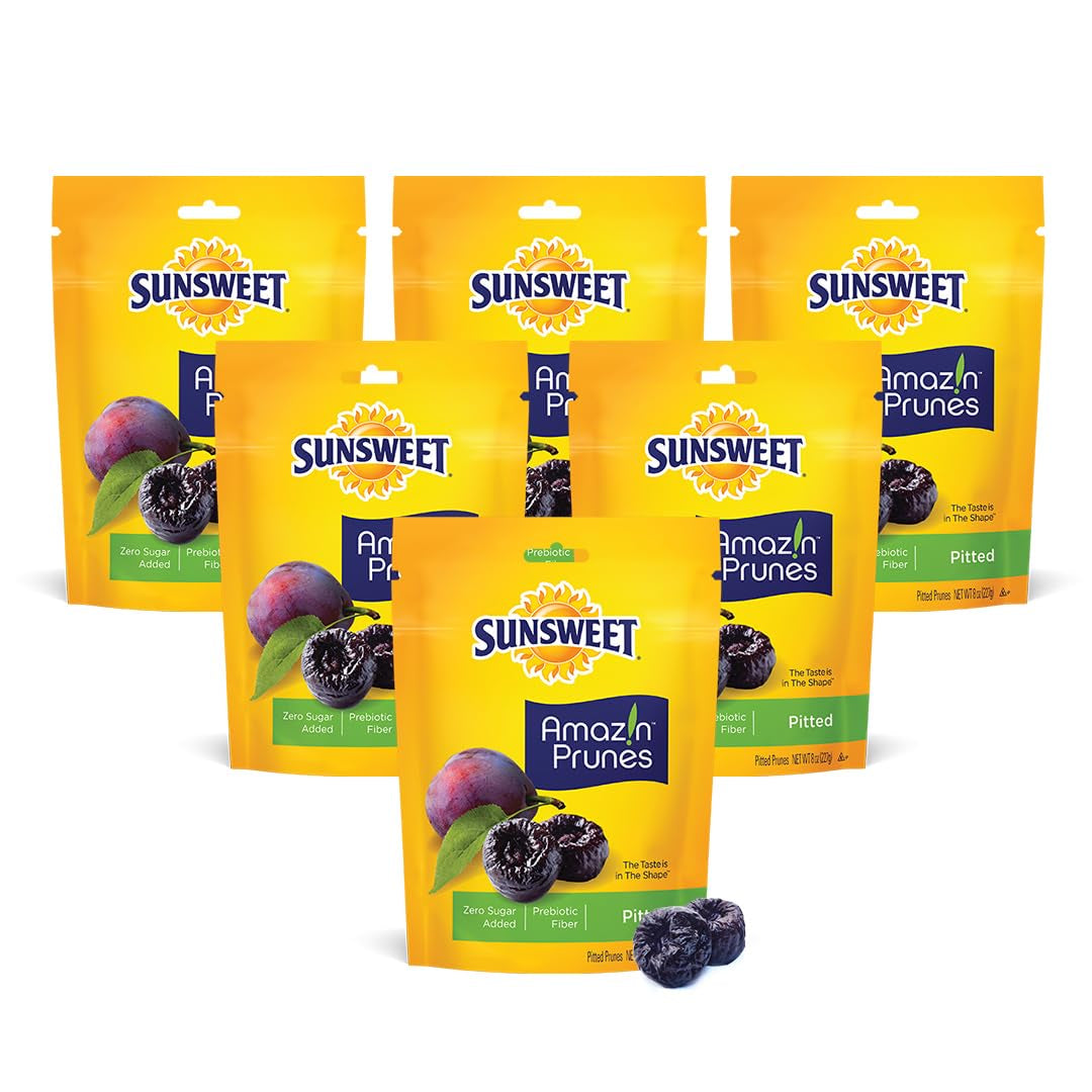 Sunsweet Amazin' Pitted Prunes - Dried Prunes Pitted Unsweetened - Gluten Free, Vegan, Low Fat - Fiber & Minerals - 8 Oz Pouches X 3 Pack - Big Mart USA