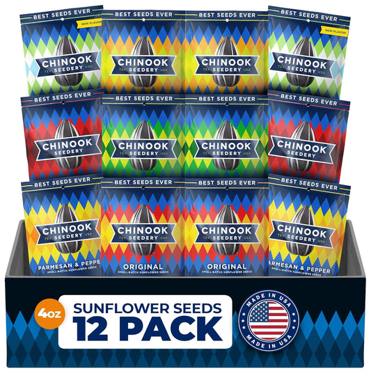 Chinook Seedery Roasted Jumbo Sunflower Seeds - Keto Snacks, Gluten-Free, Non-Gmo, 8 Flavor Variety Pack 4 Oz (12-Pack) - Big Mart USA