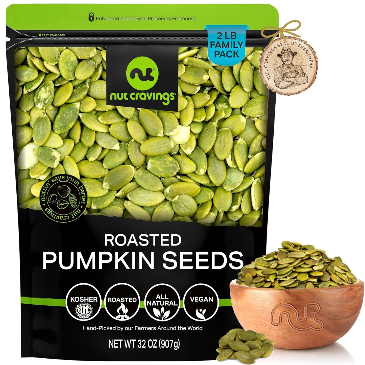 NUT CRAVINGS - Roasted & Unsalted Pumpkin Seeds, Pepitas, No Shell (16Oz - 1 LB) Packed Fresh in Resealable Bag - Nut Snack - Healthy Protein Food, All Natural, Keto Friendly, Vegan, Kosher - Big Mart USA