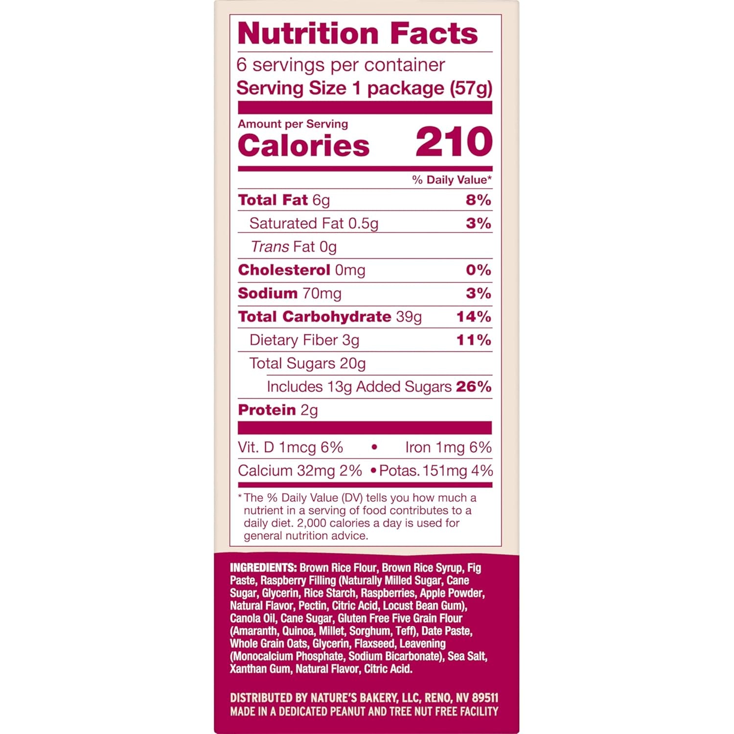 Nature’S Bakery Gluten Free Fig Bars, Raspberry, Real Fruit, Vegan, Non-Gmo, Snack Bar, 6 Boxes with 6 Twin Packs (36 Twin Packs) - Big Mart USA