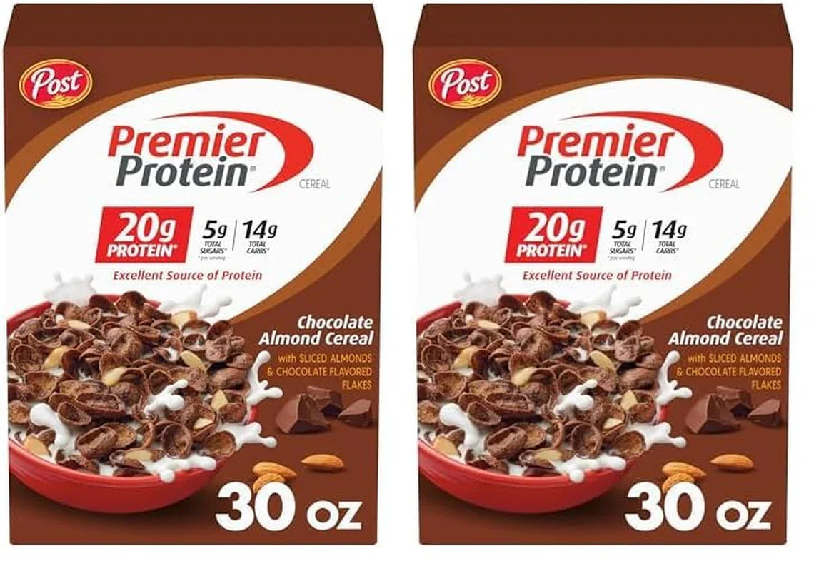 Post Premier Protein Chocolate Almond Cereal - Chocolatey Protein Flakes with Sliced Almonds, 20G of Protein per Serving, 9 OZ Box - Big Mart USA