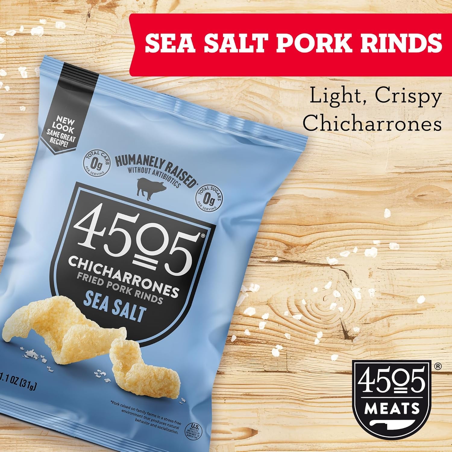 4505 Sea Salt Seasoned Chicharrones, Fried Pork Rinds - Sea Salt Flavored Pork Skins - Low Carb, Gluten-Free, Protein Snack - 1.1Oz (Pack of 12) - Big Mart USA