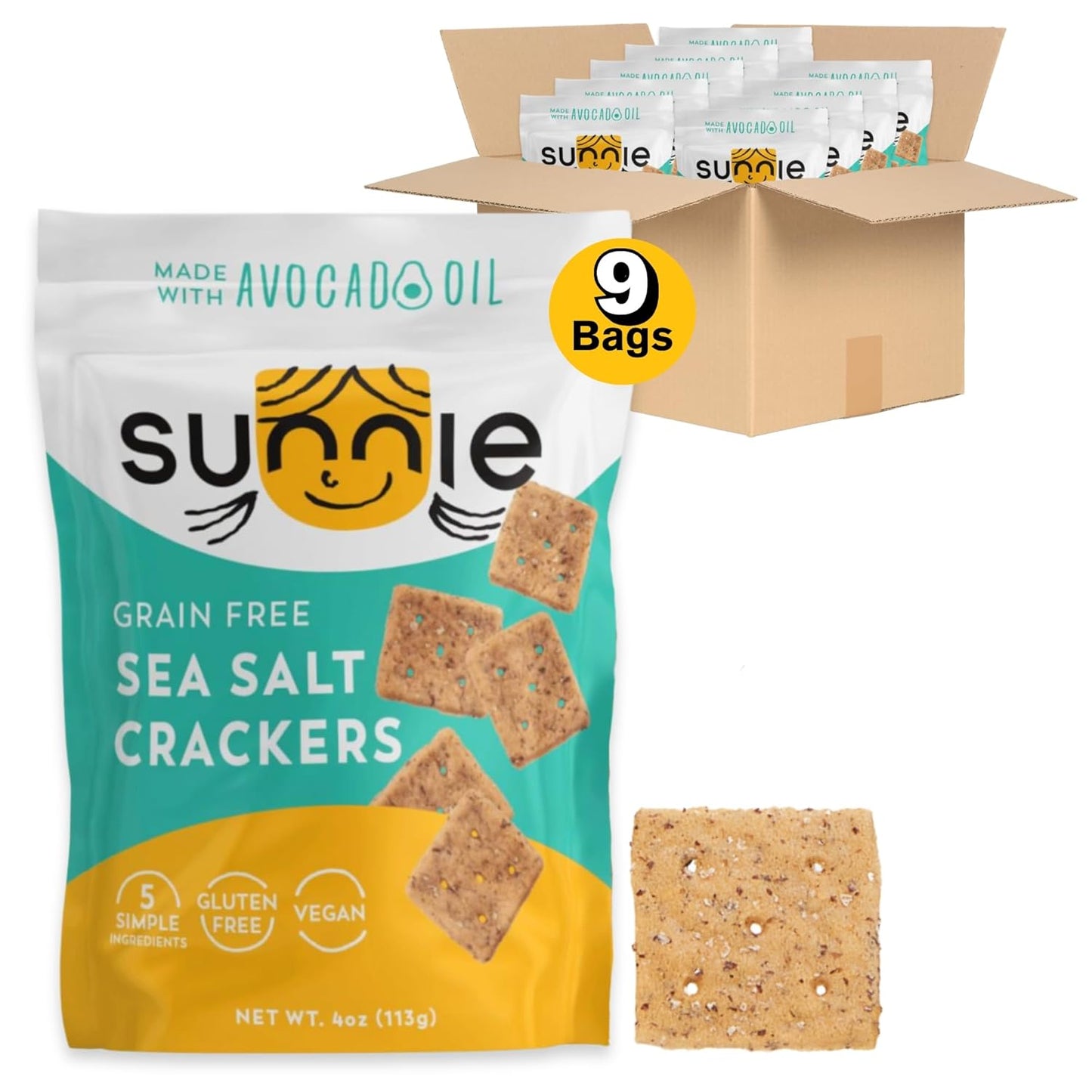 Sunnie Gluten Free Crackers - Healthy Grain Free Sea Salt Crackers, Snacks for Kids & Adults, Made with Avocado Oil, Only 5 Ingredients, Vegan Snack, Low Calorie (3 Oz - Pack of 3)