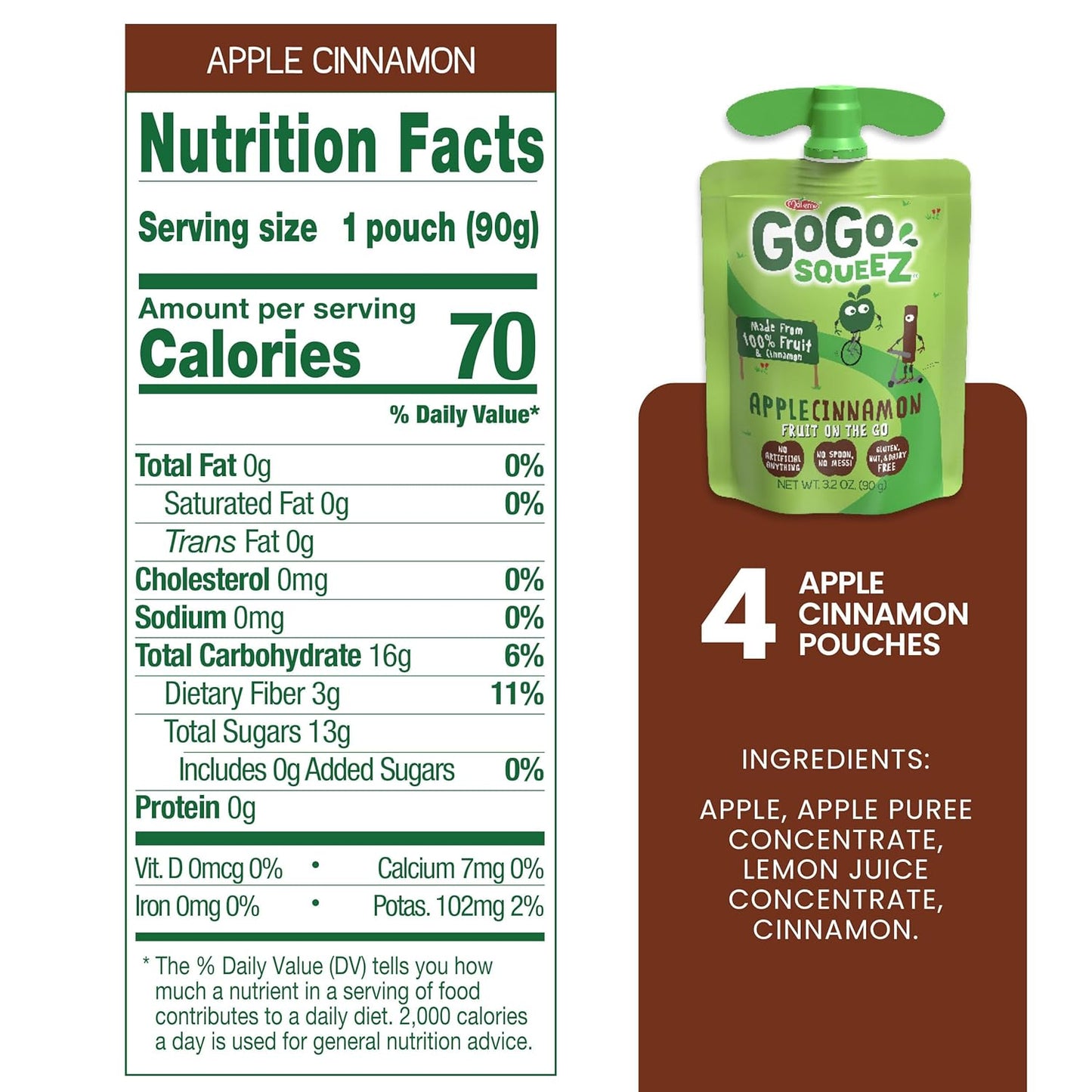 Gogo Squeez Applesauce, Apple Cinnamon, 3.2 Oz, 4 Ct