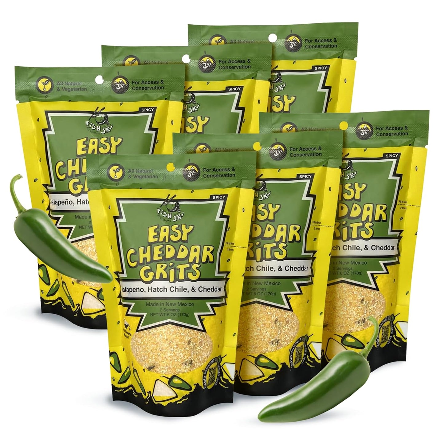 Jalapeno Yellow Corn Grits with Cheddar Cheese + Hatch Green Chile + Garlic, by Fishski Provisions, 6 Oz Bags, 2 Pack
