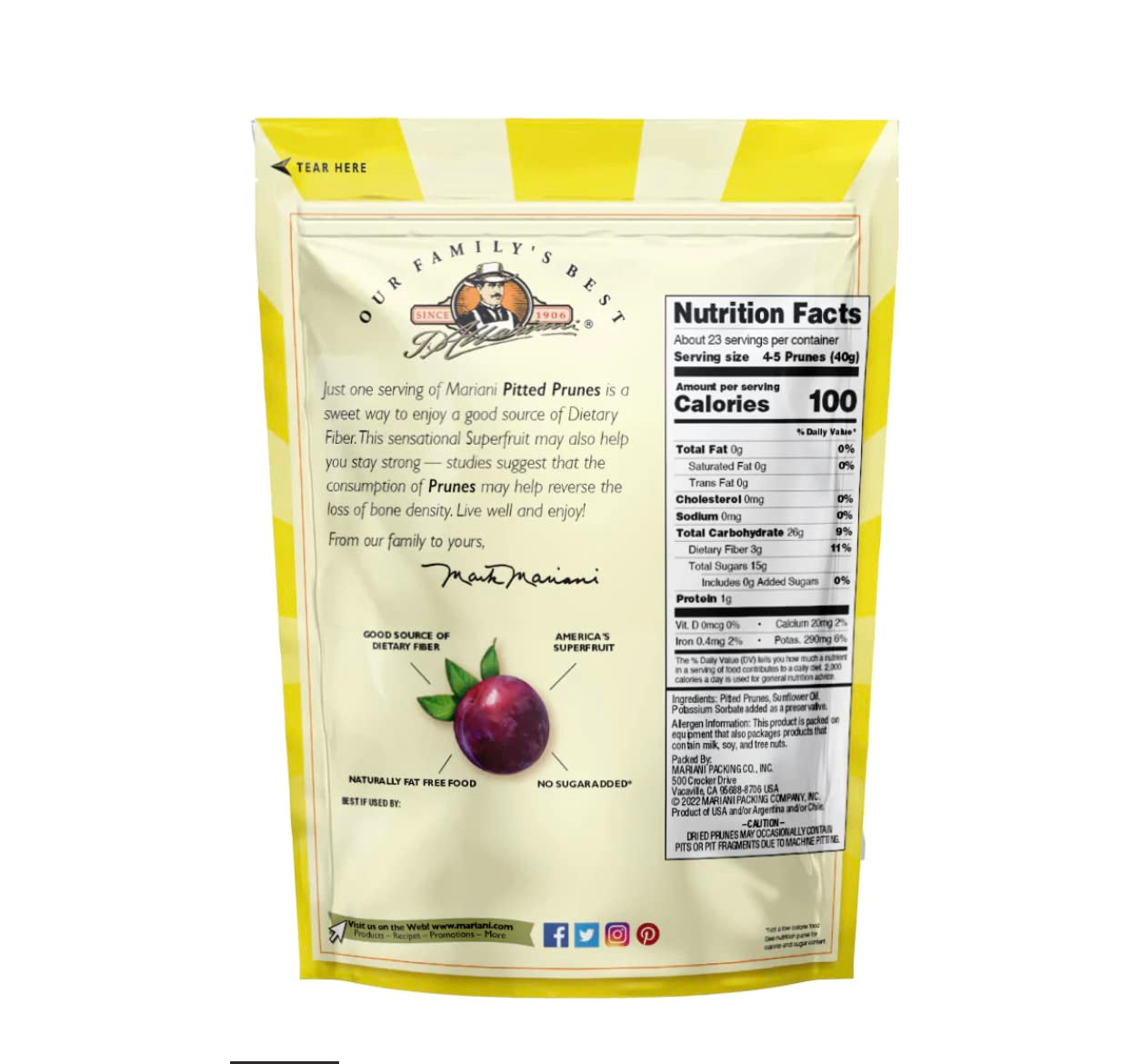 Mariani | Pitted Prunes | Dried Fruit | Healthy, Vegan, Gluten Free Snack for Kids & Adults | No Sugar Added | 32 Ounces (Pack of 1) - Resealable Bag