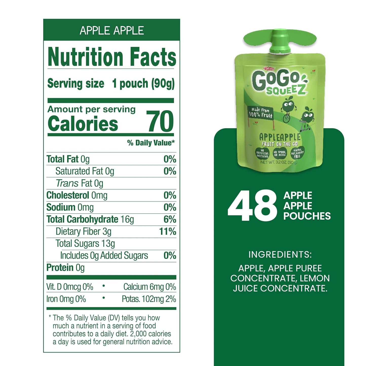 Gogo Squeez Applesauce and Fruit Puree, Apple Apple, 3.2 Oz (Pack of 48), Unsweetened Fruit Snacks for Kids, Gluten Free, Nut Free and Dairy Free, Recloseable Cap, BPA Free Pouches - Big Mart USA