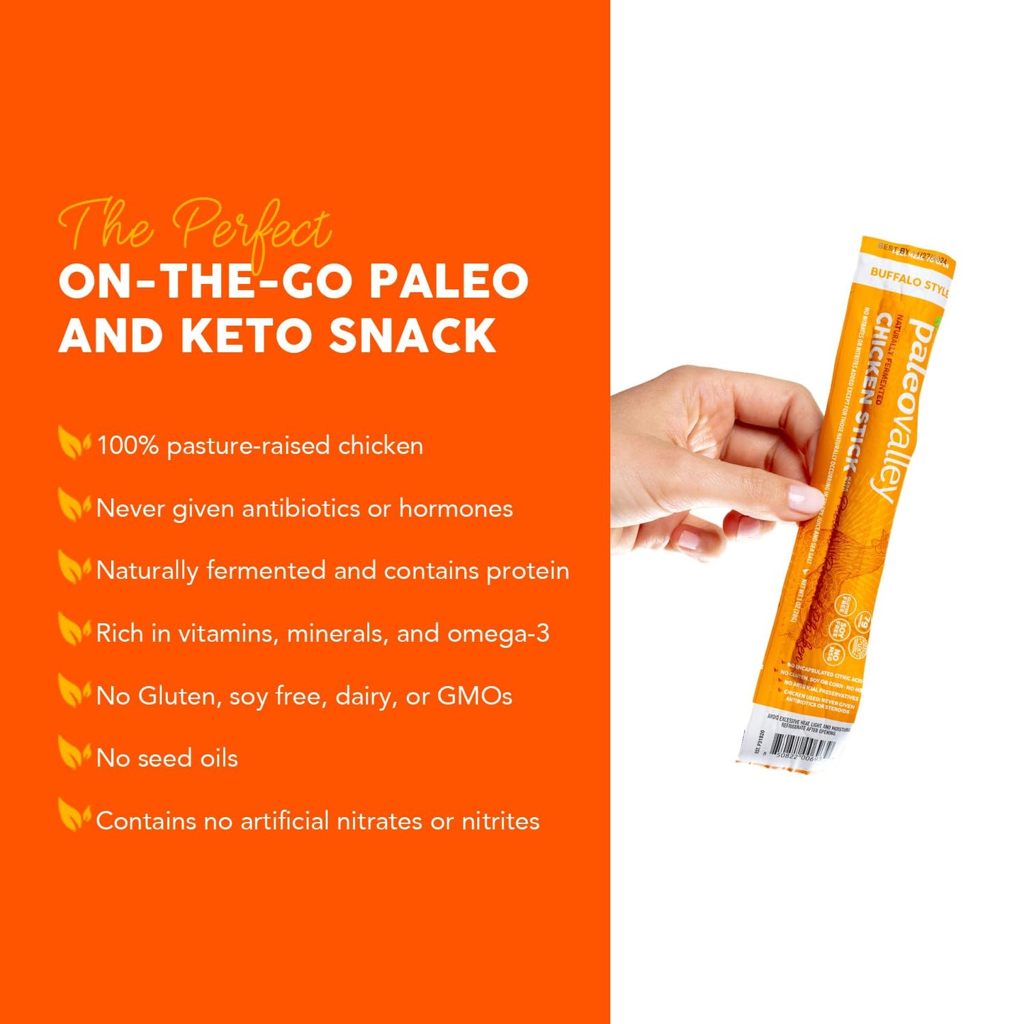 Paleovalley Pasture-Raised Chicken Sticks – 10 Pack – 7G Protein per Stick – Keto-Friendly, Paleo, Gluten-Free, Nitrate-Free – On-The-Go Snack (10 Pack, Buffalo) - Big Mart USA