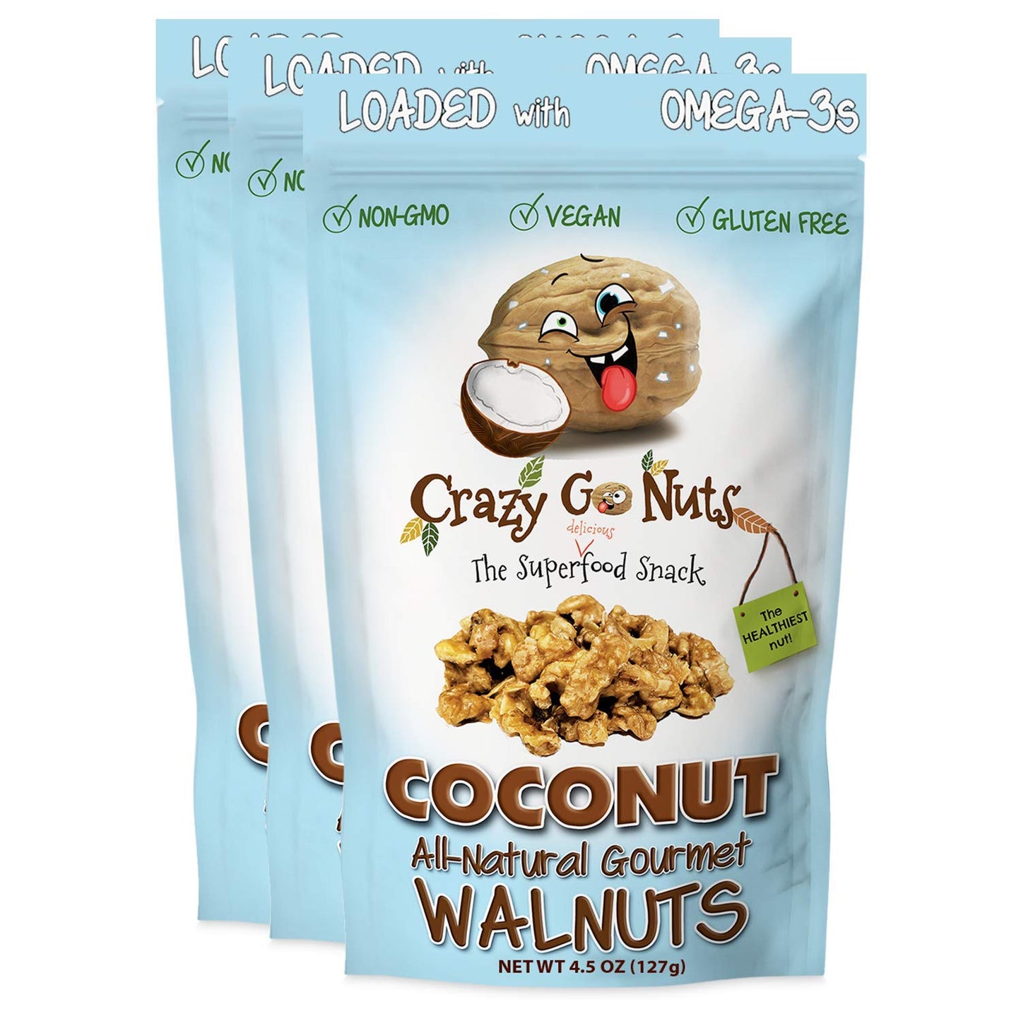 Crazy Go Nuts Walnuts - Maple, 4.5 Oz (3-Pack) - Healthy Snacks, Vegan, Low Carb, Gluten Free, Superfood - Natural, Non-Gmo, ALA, Omega 3 Fatty Acids, Good Fats, and Antioxidants - Big Mart USA