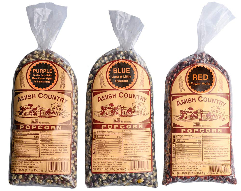 Amish Country Popcorn | 3-1 Lb Bags | Variety Set | Midnight Blue, Rainbow, & Medium Yellow Popcorn Kernels | Old Fashioned, Non-Gmo and Gluten Free (3-1 Lb Bags) - Big Mart USA