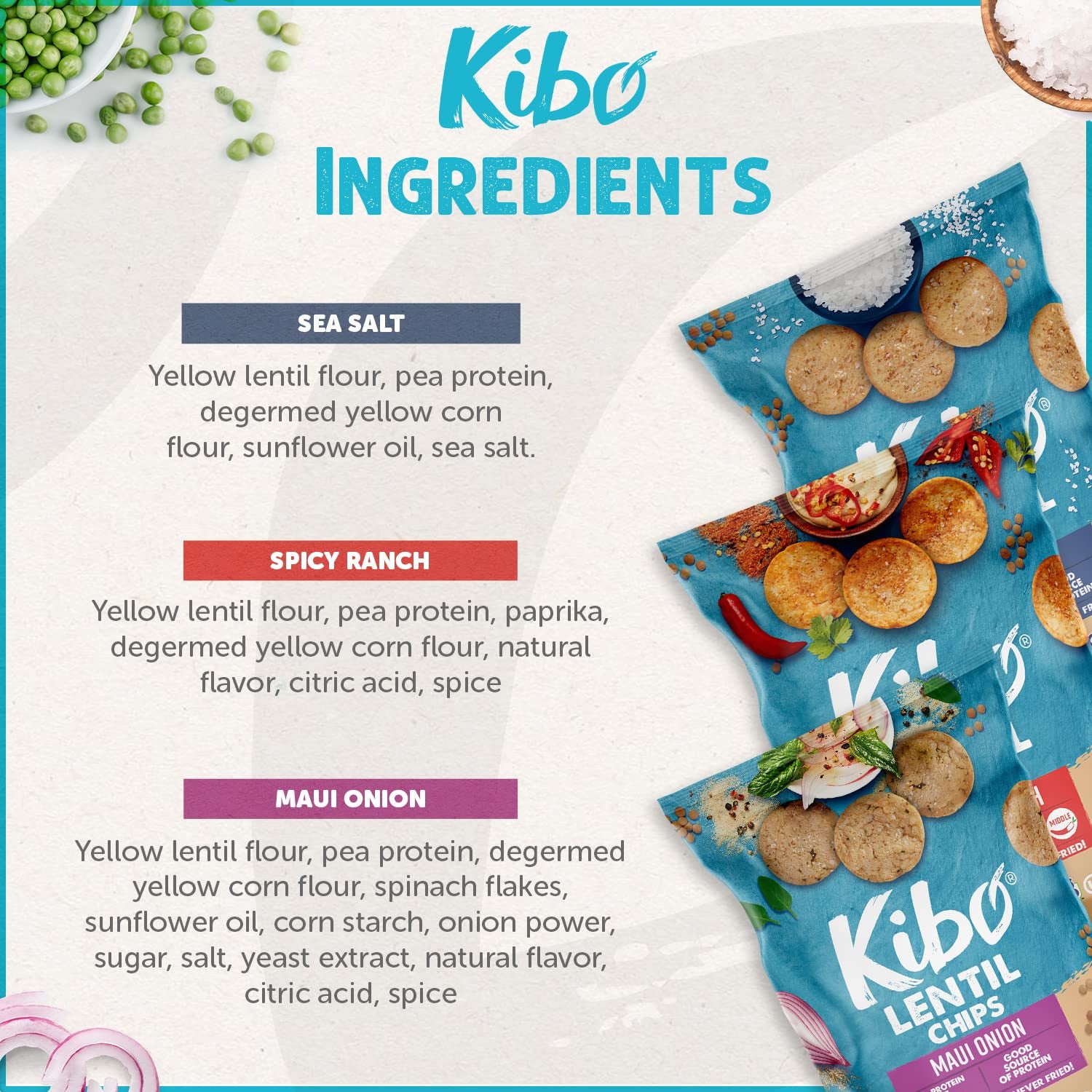 Kibo Lentil Chips Variety Pack - Gluten-Free, Vegan, Non-Gmo, Plant-Based - Maui Onion, Sea Salt, Spicy Ranch, Made with Real Veggies - 28G, 12 Pack - Big Mart USA