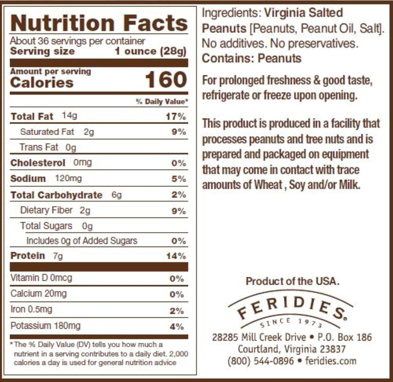 FERIDIES Extra Large Gourmet Virginia Salted Peanuts, Cooked in Pure Peanut Oil, No Preservatives, Non-Gmo, Kosher Certified - 36 Oz Tin - Big Mart USA