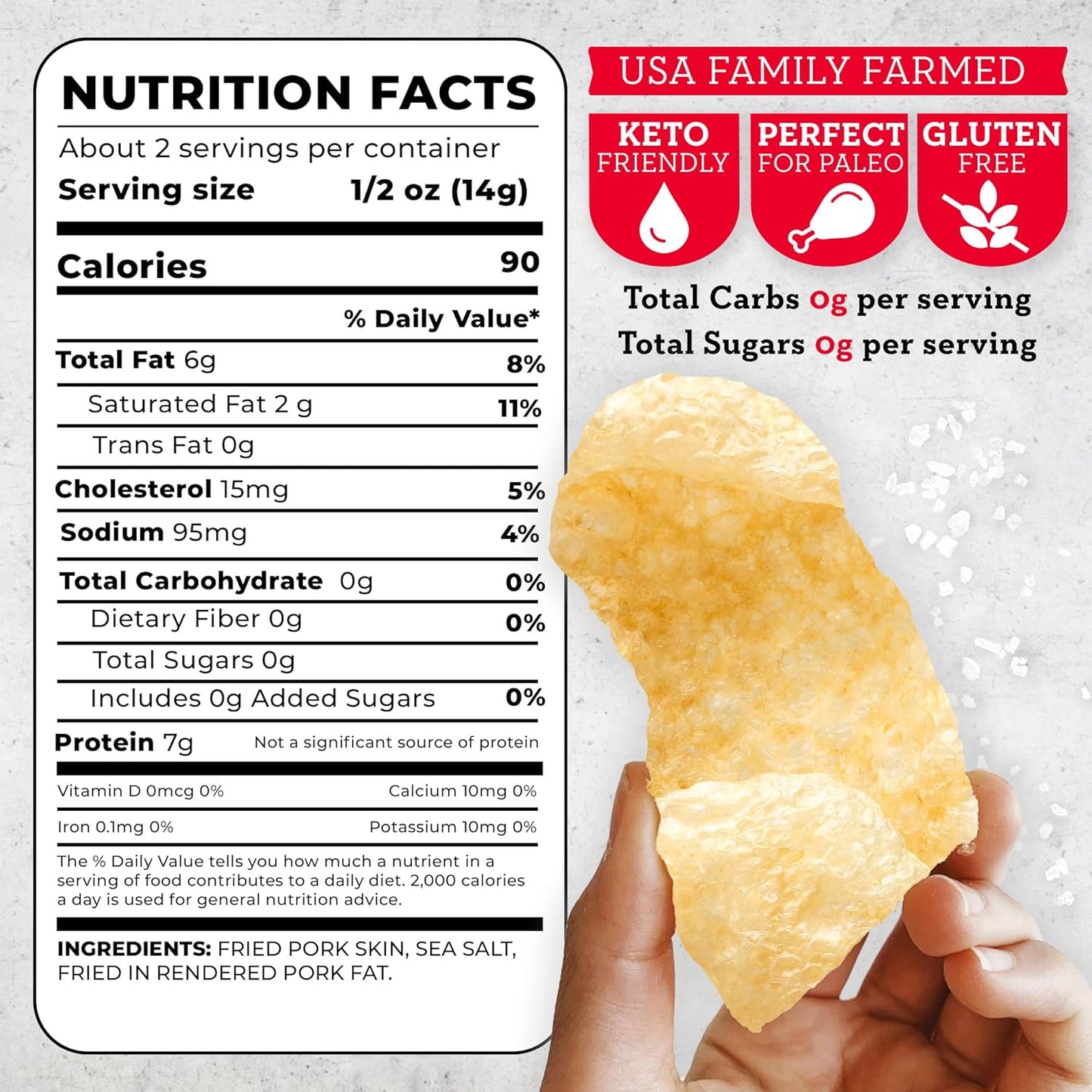 4505 Sea Salt Seasoned Chicharrones, Fried Pork Rinds - Sea Salt Flavored Pork Skins - Low Carb, Gluten-Free, Protein Snack - 1.1Oz (Pack of 12) - Big Mart USA