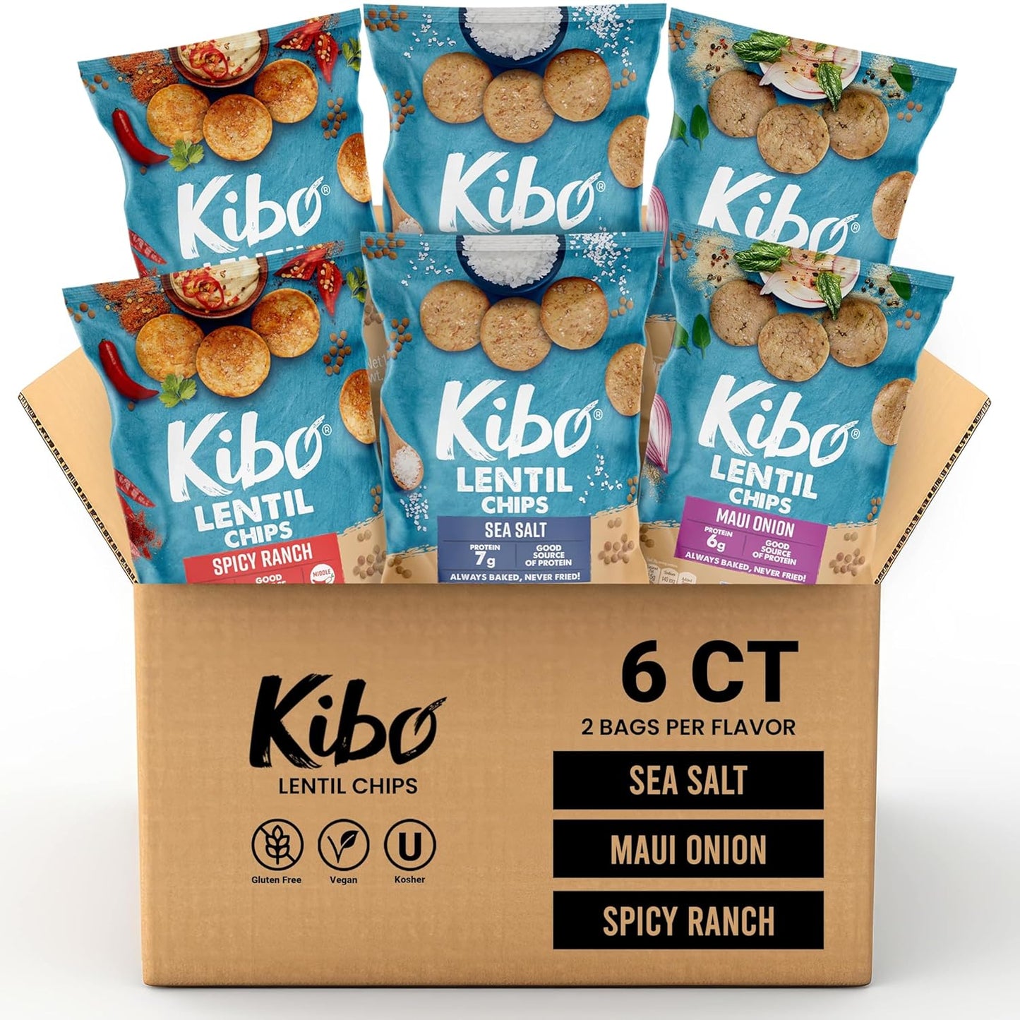 Kibo Lentil Chips Variety Pack - Gluten-Free, Vegan, Non-Gmo, Plant-Based - Maui Onion, Sea Salt, Spicy Ranch, Made with Real Veggies - 28G, 12 Pack - Big Mart USA