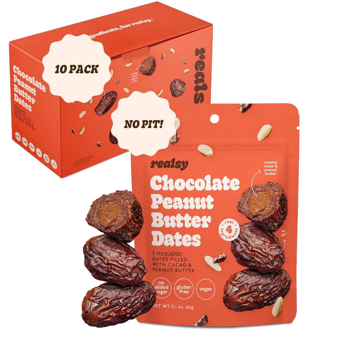 Realsy Peanut Butter Filled Medjool Dates, Organic Dates with No Sugar Added, Gluten-Free, Vegan, Good Source of Fiber, Low Glycemic Index, All Natural Healthy Snack, (10 Pack)