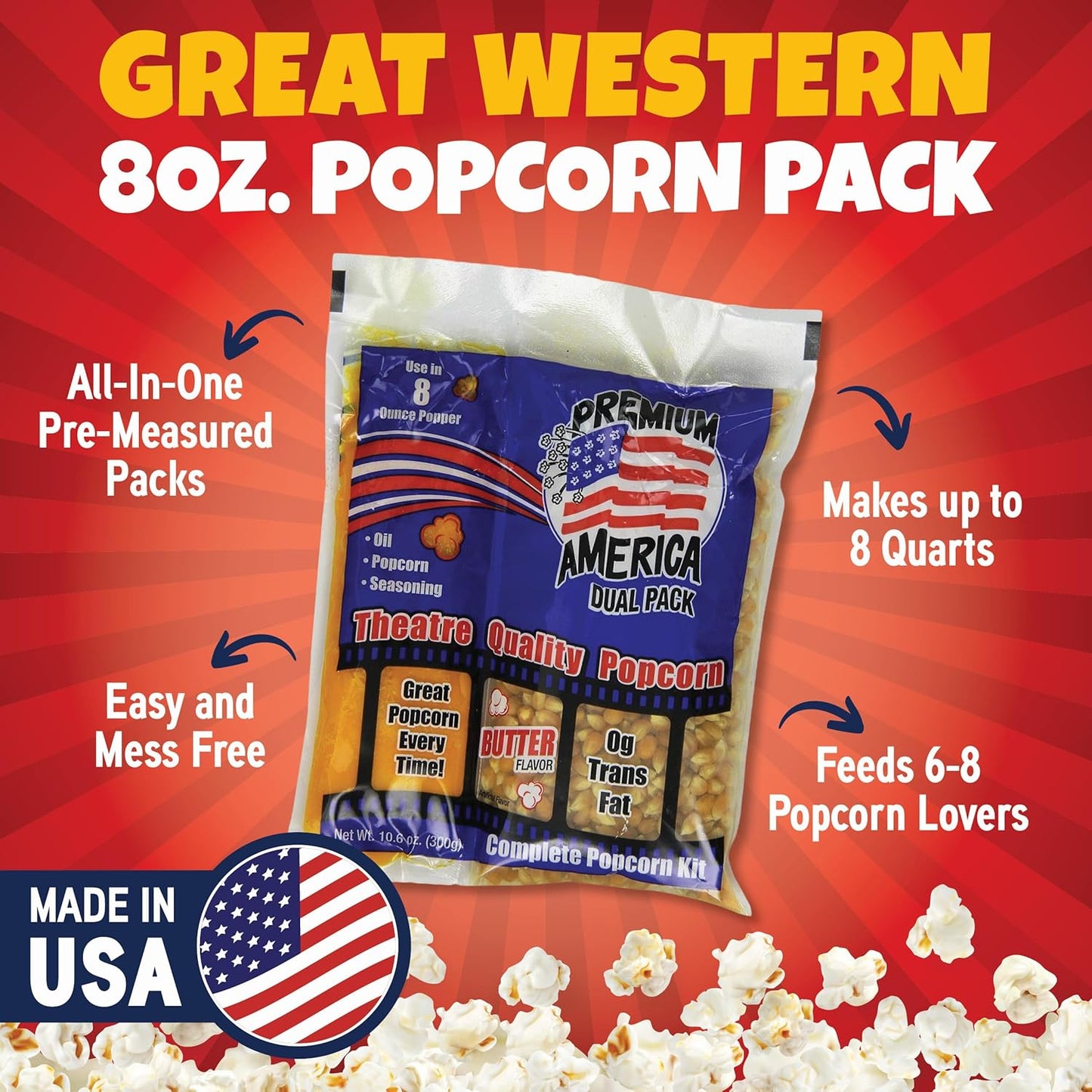 Premium America Popcorn Kit, 24 Packs for a 8 Oz Popper, Movie Theater Popcorn Kernels, Oil & Seasoning Pack, Bulk All in One, Popcorn Gifts