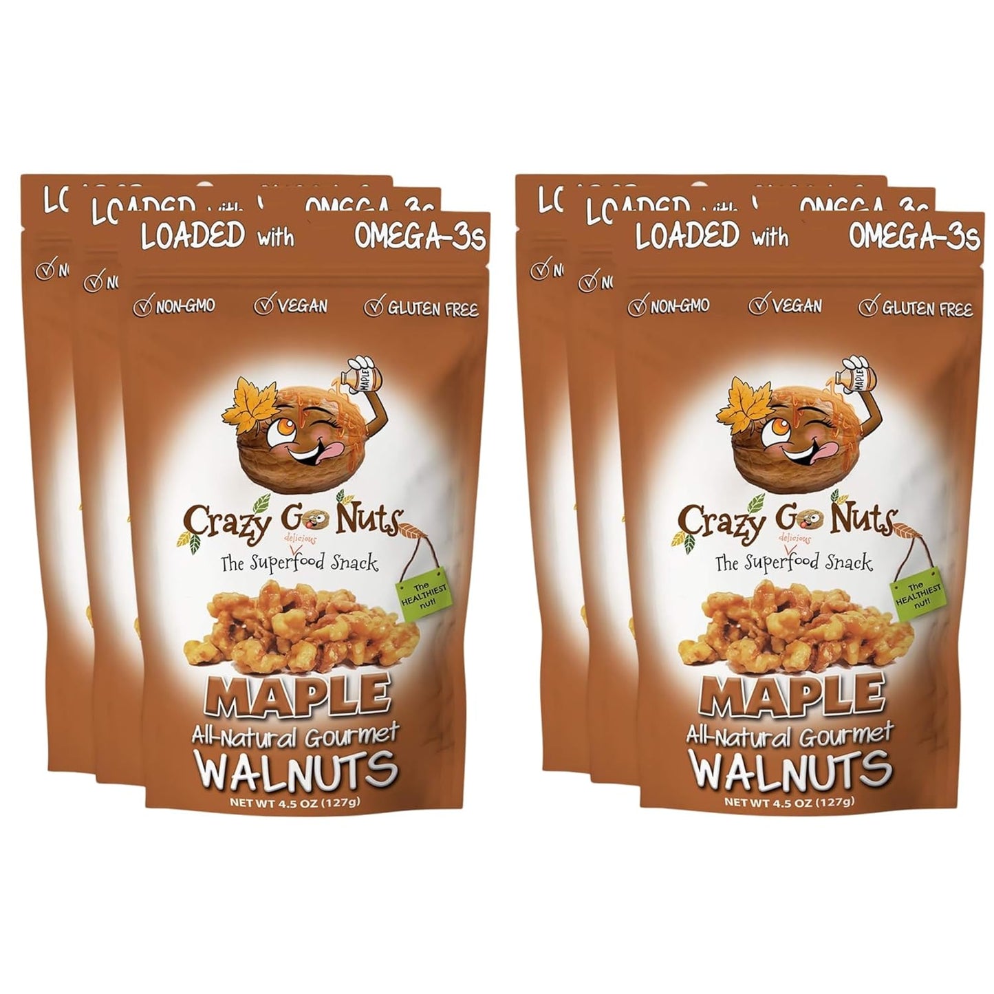 Crazy Go Nuts Walnuts - Maple, 4.5 Oz (3-Pack) - Healthy Snacks, Vegan, Low Carb, Gluten Free, Superfood - Natural, Non-Gmo, ALA, Omega 3 Fatty Acids, Good Fats, and Antioxidants - Big Mart USA