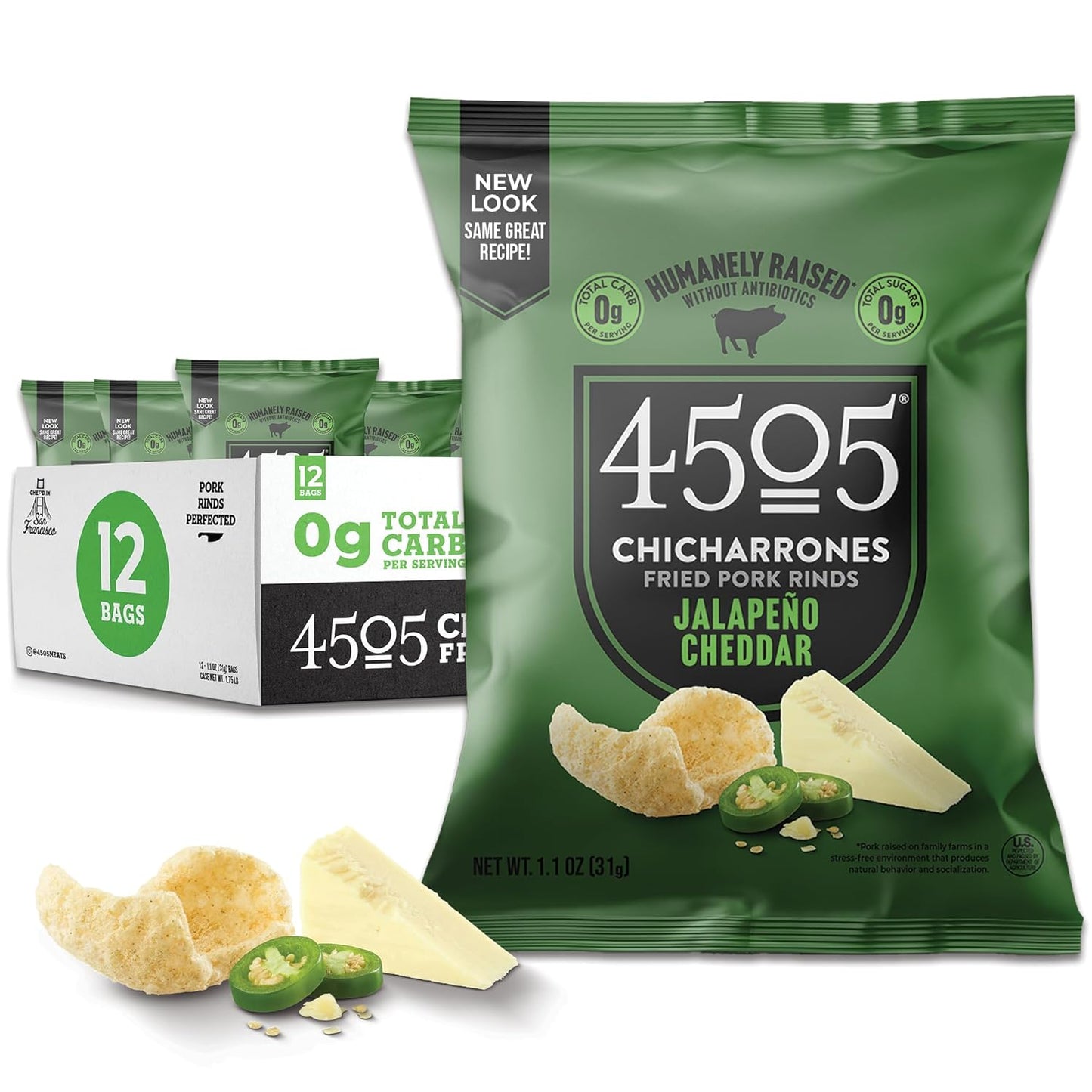 4505 Sea Salt Seasoned Chicharrones, Fried Pork Rinds - Sea Salt Flavored Pork Skins - Low Carb, Gluten-Free, Protein Snack - 1.1Oz (Pack of 12) - Big Mart USA