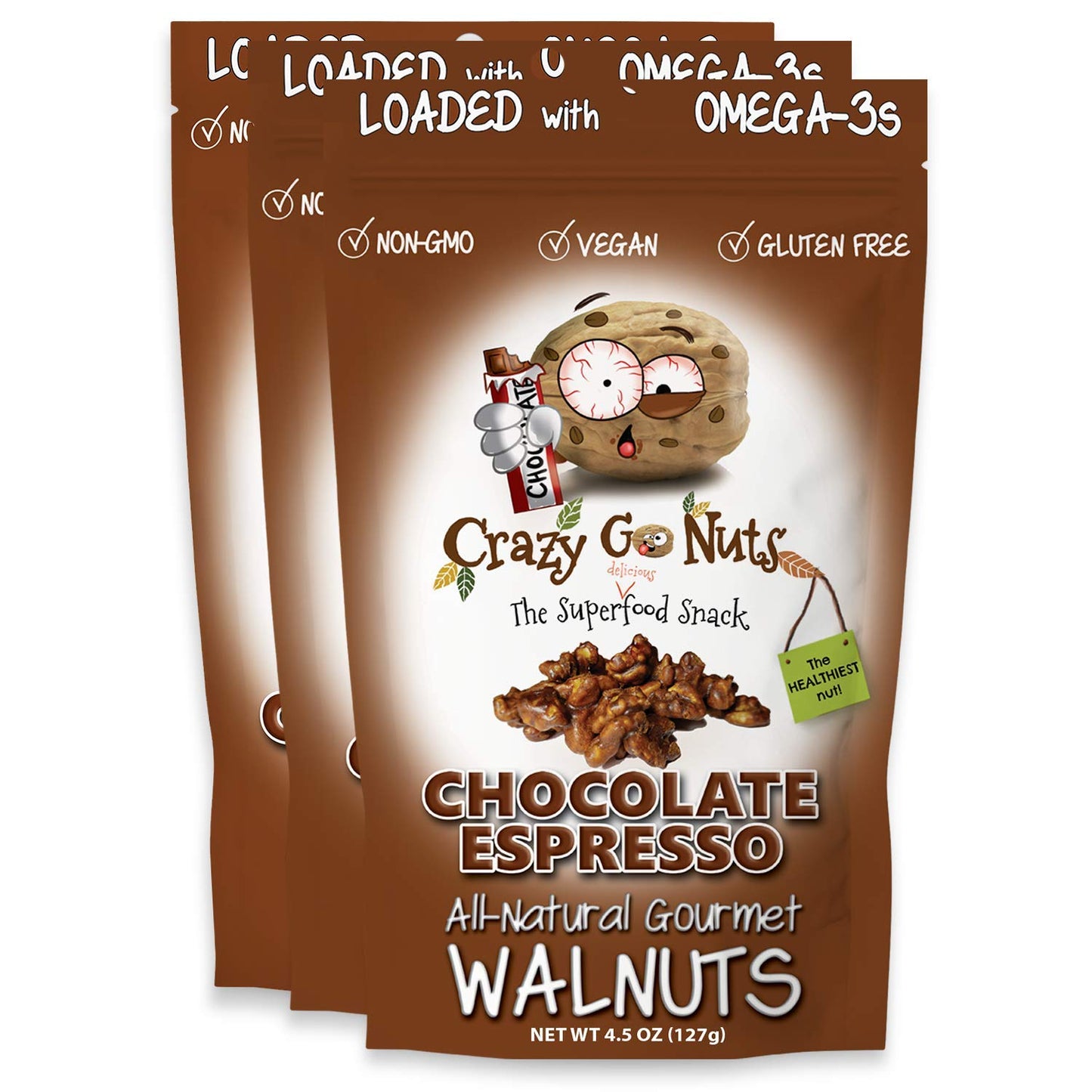 Crazy Go Nuts Walnuts - Maple, 4.5 Oz (3-Pack) - Healthy Snacks, Vegan, Low Carb, Gluten Free, Superfood - Natural, Non-Gmo, ALA, Omega 3 Fatty Acids, Good Fats, and Antioxidants - Big Mart USA