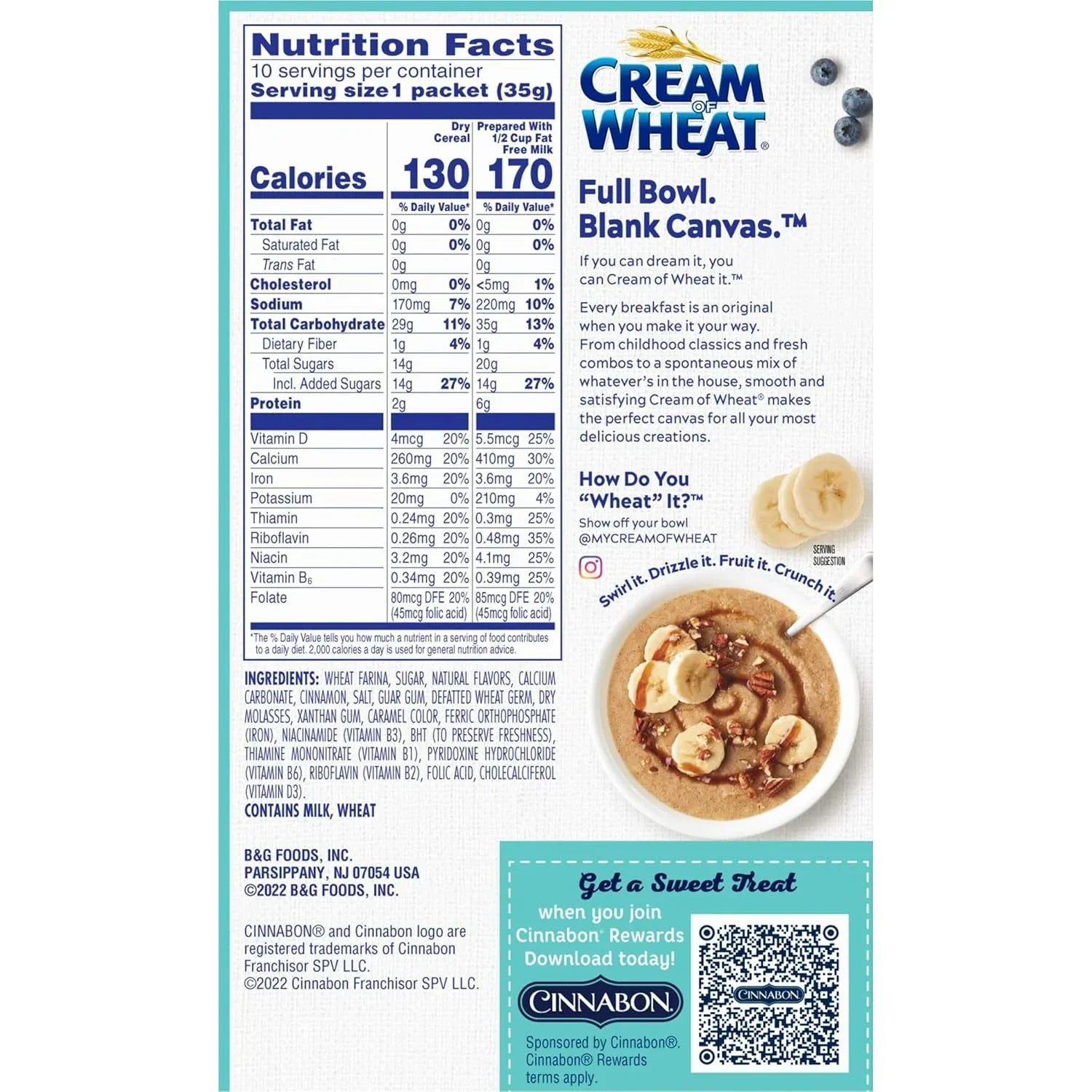 Cream of Wheat Instant Hot Cereal with Cinnabon Flavor, 1.23 Ounce, Pack of 10 Packets - Big Mart USA