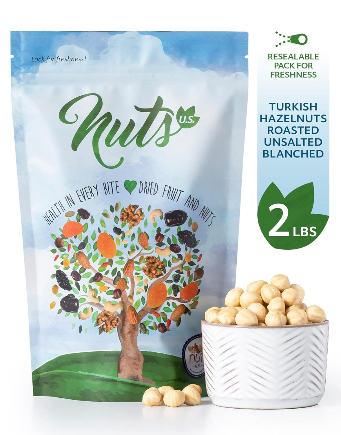 NUTS U.S. – Hazelnuts |Dry Roasted and Unsalted | Blanched and Whole Filberts | Non-Gmo and Gluten Free | No Additives Just Hazelnuts | Vegan and Keto Friendly | Bulk Hazelnuts in Resealable Bag (2 LBS) - Big Mart USA