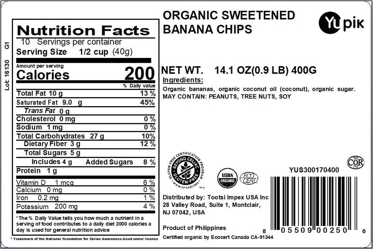 Yupik Organic Sweetened Dried Banana Chips, 14.1 Oz, Gluten-Free, Kosher, Non-Gmo, Vegan, Sliced Dried Fruits, Lightly Sweetened, Crunchy Snacks, Ideal for Baking & Topping - Big Mart USA